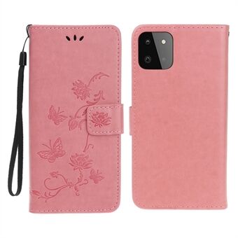 Plånboksdesign Snygga fjärilsblommor präglade telefonfodral i läder för Samsung Galaxy A22 5G (EU-version)