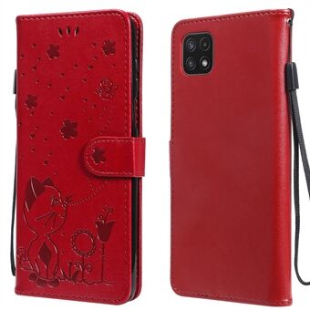 KT Imprinting Flower Series-4 Cat and Bee Pattern Imprinting Leather Wallet Stand Fodral med magnetisk stängning för Samsung Galaxy A22 5G (EU-version)