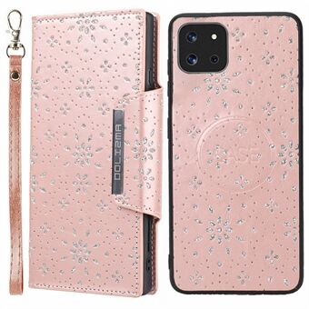 För Samsung Galaxy A22 5G (EU-version) Skyddsfodral Glitter Flower Leaf Imprinted Löstagbart läderplånboksfodral