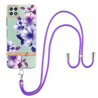 För Samsung Galaxy A22 5G (EU-version) YB IMD-9 Series Lanyard Design Mjuk TPU-fodral Blommönster IMD IML Elektropleringstelefonskal