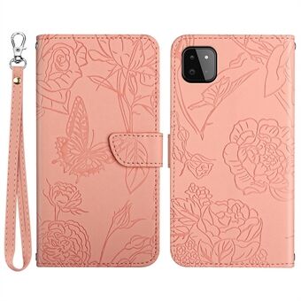 För Samsung Galaxy A22 5G (EU-version) Telefonfodral med känsla av hudkontakt Butterfly Flower Stand PU-läder plånboksställningsfodral med handledsrem