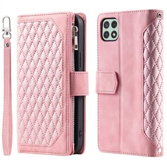 005 Telefonfodral Fodral för Samsung Galaxy A22 5G (EU-version), Anti- Scratch Rhombus Grid Textured PU Läder Zipper Pocket Stand Plånboksfodral med flera kortplatser och praktisk rem