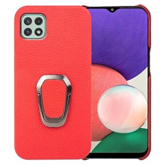 För Samsung Galaxy A22 5G (EU-version) äkta läderbelagd PC Anti Scratch Ring Kickstand Litchi Texture Telefon Bakstycke