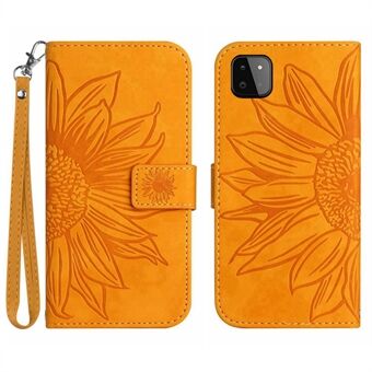 För Samsung Galaxy A22 5G (EU-version) HT04 Skin-Touch Sunflower-präglat telefonfodral Plånbok Scratch Anti-dropp telefonfodral Stand med handrem