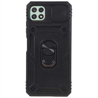 För Samsung Galaxy A22 5G (EU-version) Skjutkameralock Kickstand Design Telefonfodral PC+TPU Stötsäkert bakstycke med inre korthållarfunktion