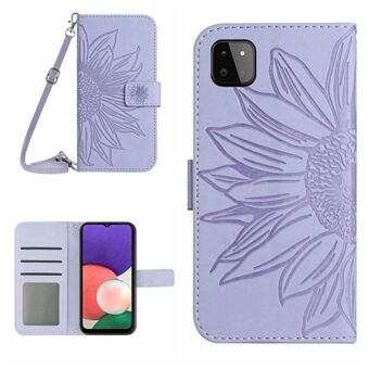 För Samsung Galaxy A22 5G (EU-version) HT04 Imprinted Sunflower PU Läder Smartphone Cover Stand Drop-proof Skin-touch telefonplånboksfodral med axelrem