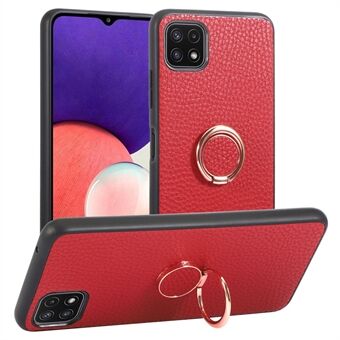 För Samsung Galaxy A22 5G (EU-version) Ring Kickstand Telefonfodral PU Läder+PC+TPU Litchi Texture Shell Fungerar för magnetiskt bilfäste