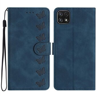 För Samsung Galaxy A22 5G (EU-version) PU- Stand Plånbokstelefonfodral Butterfly-präglat, droppsäkert skal