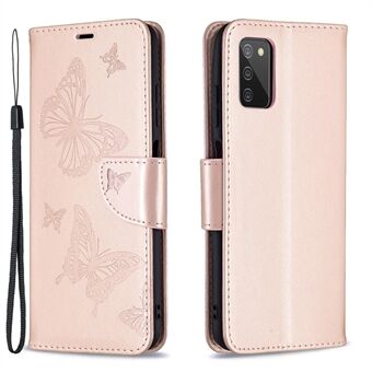 Imprint Butterfly Flower PU-läder Magnetic Flip Folio plånboksfodral med handledsrem för Samsung Galaxy A03s (166,5 x 75,98 x 9,14 mm)