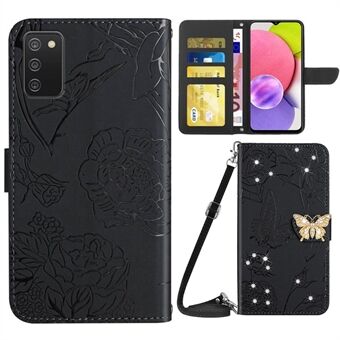 För Samsung Galaxy A03s (166.5 x 75.98 x 9.14 mm) Fodral med fjärilsblommor, tryckt ställ och plånbok i PU läder, prydd med strassstenar, beröringsvänlig skyddsskal med axelrem.