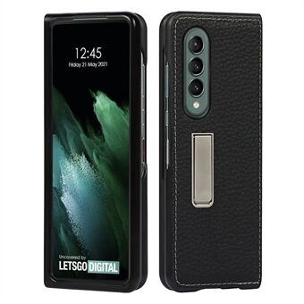 Premium Litchi Texture äkta läder skyddande mobiltelefonfodral med stöd för Samsung Galaxy Z Fold3 5G - Svart