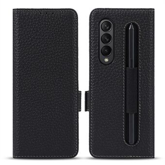 För Samsung Galaxy Z Fold3 5G Litchi Texture Äkta Läder Dubbelt magnetiskt lås Stand Telefonfodral Skal med pennfack