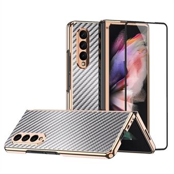 Vakuumplätering Ram Carbon Fiber Texture PU-läderbelagd PC-fodral med skärmfilm för Samsung Galaxy Z Fold3 5G