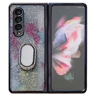 För Samsung Galaxy Z Fold3 5G Rhinestone Decor Ring Kickstand Hard PC Folding Telefonfodral Skal med skärmskydd i härdat glas