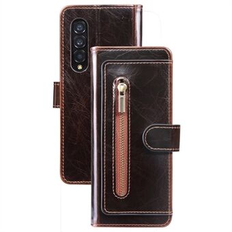 För Samsung Galaxy Z Fold3 5G Waxy Texture Zipper Pocket PU-läderfodral Stand Plånbok Folio Flip Telefonskydd