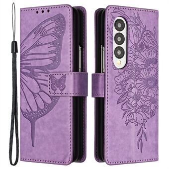 YB Imprinting Series-4 för Samsung Galaxy Z Fold3 5G PU Läder Flip Skyddstelefonfodral Butterfly Flower Imprinted Stand Folio Cover med rem