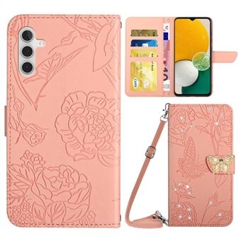 För Samsung Galaxy A13 5G / A04s 4G (164,7 x 76,7 x 9,1 mm) Anti-fall telefonplånboksfodral Butterfly Flowers Imprinted Rhinestone Decor Telefonskydd Handsfree Stand med axelrem