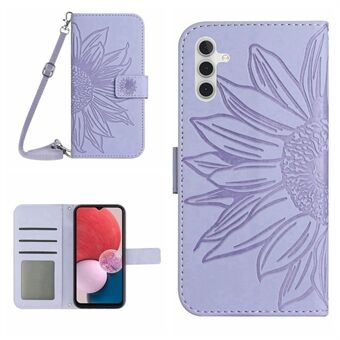 För Samsung Galaxy A13 5G / A04s 4G (164,7 x 76,7 x 9,1 mm) HT04 Skin-touch PU-läderpräglat Stand Plånboksfodral med axelrem