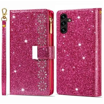 För Samsung Galaxy A13 5G Fallsäkert telefonfodral Dragkedja Stand PU Läder Flip Laser Carving Glittrande Starry Style Mobiltelefonskal med rem