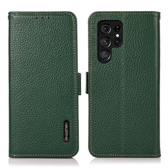 KHAZNEH Fullständigt skydd Stöldskydd Svepdesign Litchi Texture Telefonfodral i äkta läder för Samsung Galaxy S22 Ultra 5G