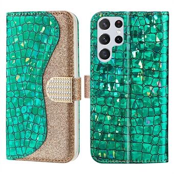 Fashionabla skarvningskrokodiltextur Glittrigt pulver TPU+PU-läderplånboksfodral för Samsung Galaxy S22 Ultra 5G