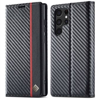 LC.IMEEKE PU Läder + TPU Folio Flip Cover Carbon Fiber Texture Stand Telefonfodral för Samsung Galaxy S22 Ultra 5G