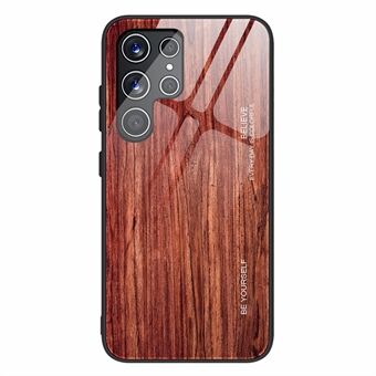 För Samsung Galaxy S22 Ultra 5G Trämönster baksida i härdat glas + TPU Edge Hybrid telefonfodral