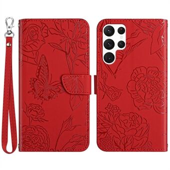 För Samsung Galaxy S22 Ultra 5G Imprinting Butterfly Flower Justerbart Stand Telefonfodral Skin-touch plånbok PU-läderfodral med handrem