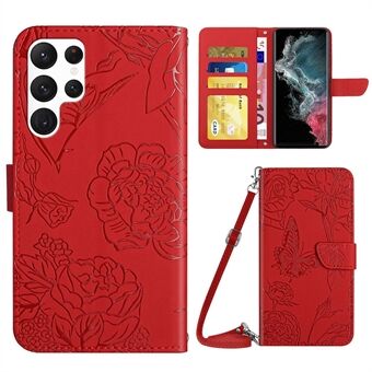 För Samsung Galaxy S22 Ultra 5G Butterfly Flowers Imprinting PU Leather Phone Shell, Pattern Imprinting Design Plånbok Justerbart Stand Fodral med axelrem