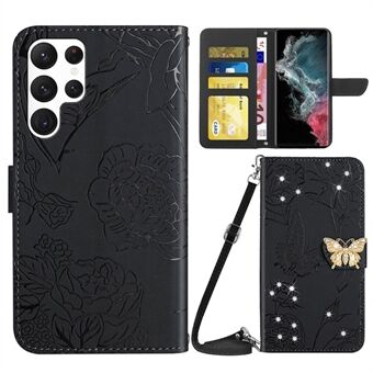 För Samsung Galaxy S22 Ultra 5G Butterfly Flowers Imprinting PU-läder TPU-fodral Rhinestone Decor Telefonskydd med Stand och axelrem