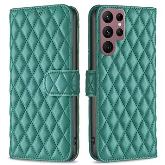 BINFEN COLOR Matt PU-läderfodral för Samsung Galaxy S22 Ultra 5G, BF Style-14 Rhombus Mönster Stand Bookstyle Magnetic Cover
