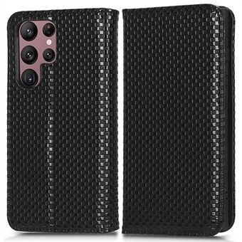 För Samsung Galaxy S22 Ultra 5G Full Protection PU Läder Telefonfodral Grid Texture Magnetisk Autoabsorberat Telefonfodral med plånbok