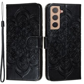 Mandala Flower Imprinted Flip PU-läderfodral Stötsäkert TPU invändigt Stand med rem för Samsung Galaxy S22 5G