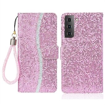 Flip Phone Cover PU Läder Glittrande Puder Handy Strap Snygg plånbokstelefon Skyddsfodral för Samsung Galaxy S22 5G