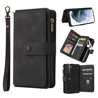 För Samsung Galaxy S22 5G Zipper Pocket Anti-fingeravtryck PU Läder+TPU KT Multifunktionell Series-2 Multiple Card Slots Telefonskal Stand Fodral med handledsrem