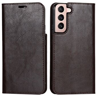 Fallbeständig Crazy Horse Texture Äkta Läder Magnetisk Auto Stäng Fodral Stand Flip Wallet Case för Samsung Galaxy S22 5G