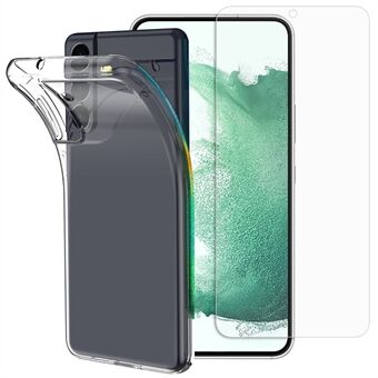 För Samsung Galaxy S22 5G Soft TPU genomskinligt flexibelt skal med helt lim 0,1 mm skärmskydd i härdat glas (stöd för upplåsning av fingeravtryck)