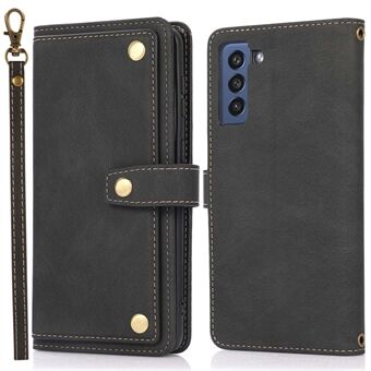 För Samsung Galaxy S22 5G Fallsäker telefon Flip Wallet Cover Stand Korthållare Fullt skydd PU Läder Telefonfodral med rem