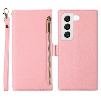 För Samsung Galaxy S22 5G Litchi Texture Zipper Pocket Stand Flip Case PU-läderplånbok Handväska Folio Magnetic Shell Telefonskydd med rem