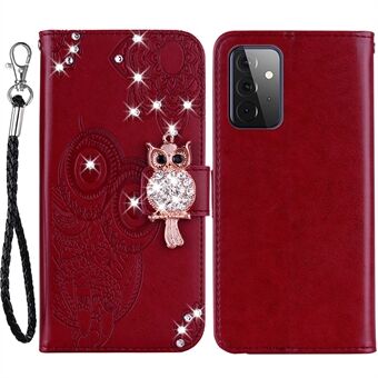 Rhinestone Decor Flip PU Läder Magnetlås Fodral Stand Owl Flower Imprinted Shell Cover med rem för Samsung Galaxy A33 5G