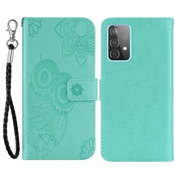 För Samsung Galaxy A33 5G Anti-fingeravtryck PU Läder+TPU Mobiltelefonfodral Flip Phone Shell Snyggt präglat Uggla Blommönster Plånbok Telefonskydd