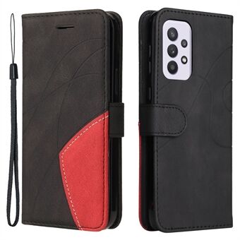 KT Leather Series-1 Dubbelfärgad skarvningsdesign PU-läder Stand Mobiltelefonskal med handrem för Samsung Galaxy A33 5G