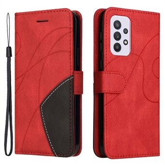 KT Leather Series-1 Dubbelfärgad skarvningsdesign PU-läder Stand Mobiltelefonskal med handrem för Samsung Galaxy A33 5G