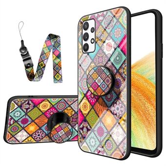 För Samsung Galaxy A33 5G Snyggt mönster Kickställ härdat glas + PC + TPU Stötsäkert telefonfodral skal med linne