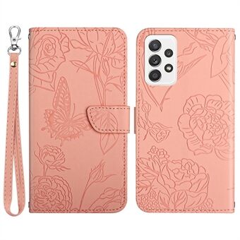 Imprinting Butterfly Flower Läderfodral för Samsung Galaxy A33 5G, Stand Funktion Skin-touch telefonskal med handrem