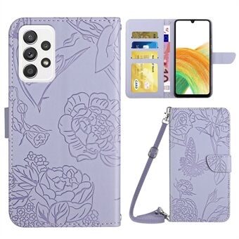 För Samsung Galaxy A33 5G Butterfly Flowers Imprinting PU Läder Telefonskal, Mönsterprägling Designplånbok Horisontellt Stand med axelrem