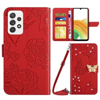 För Samsung Galaxy A33 5G Skin-touch telefonfodral Butterfly Flowers Imprinted Rhinestone Decor Telefonplånboksfodral Stand med axelrem