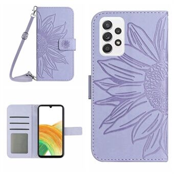 För Samsung Galaxy A33 5G HT04 Sunflower Imprinted PU-läderfodral Stand Plånbok Skin-touch telefonskal med axelrem