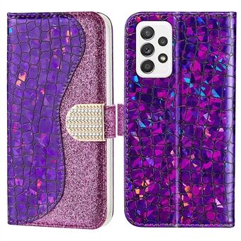 Anti-drop Splicing Krokodil Texture Glittrigt pulver Stötsäkert TPU+PU Stand Plånboksfodral för Samsung Galaxy A53 5G