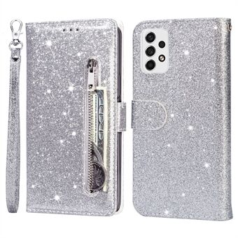 För Samsung Galaxy A53 5G Glitter Paljetter PU Läder + TPU Full Protection Stand Plånboksfodral med dragkedja och handrem